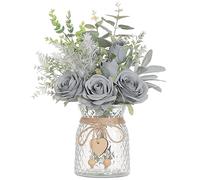VIERENA Fiori finti con vaso, rose artificiali in seta in vaso, piante finte di eucalipto composizione floreale per casa, ufficio, fattoria, bagno, tavolo da pranzo, centrotavola, colore: grigio blu