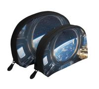 View The Sci-Fi Planet from The Space Station - Trousse per il trucco stampate, 2 pezzi, portatile, da viaggio, bianco, Taglia unica