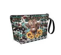 Viewamoon Borsa da viaggio impermeabile per trucco da donna, in pelle, grande, con cerniera, per feste e vacanze, Girasole della mucca dell'altopiano azteco occidentale