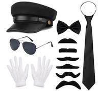 Vifcotlyp Costume da autista per uomo e donna, 6 pezzi, cappello da tassista limousine, occhiali da sole, guanti bianchi, barba finta, papillon, cravatta, accessori da gangster anni '80, per feste
