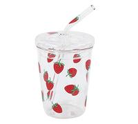 VIFERR Tazza di vetro trasparente resistente al calore con motivo fragola per succo di caffè e acqua potabile con coperchio con cannuccia