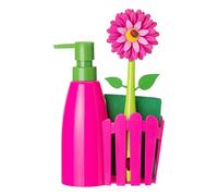 Vigar - Set Lavello - Confezione Supporto, Spazzola Lavastoviglie, Spugna - 7 x 14 x 26,5 cm - Flower Power - con Dispenser - Vassoio 3 Pezzi - Magenta