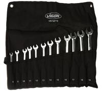 Vigor V6752/12 - Set di chiavi combinate a cricchetto (doppio snodo, meccanismo a cricchetto dentato sul lato dell'anello, 12 pezzi in pratica borsa arrotolabile), colore: Argento