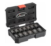 VIGOR Set di chiavi a bussola per avvitatori a percussione V5550S, esecuzione corta, quadro cavo 12,5 mm (1/2") profilo esagonale esterno 10 - 24, 13pz. Quantità:1