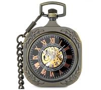 VIGOROSO Orologio da tasca da uomo classico steampunk, con catena, scheletro, carica manuale, orologio da tasca meccanico, per uomini e donne, Quadrato Bronzo