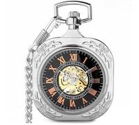 VIGOROSO Orologio da tasca da uomo classico steampunk, con catena, scheletro, carica manuale, orologio da tasca meccanico, per uomini e donne, Quadrato Argento
