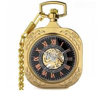 VIGOROSO Orologio da tasca da uomo classico steampunk, con catena, scheletro, carica manuale, orologio da tasca meccanico, per uomini e donne, Quadrato Oro