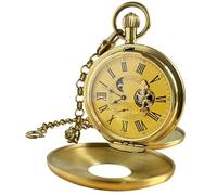 VIGOROSO Orologio da taschino meccanico a carica manuale, da uomo, Half Hunter, doppia copertura, 24 ore al giorno, fasi lunari, orologi di lusso con tourbillon in scatola, Roman NO.Gold, Orologio da