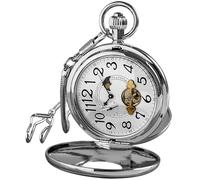 VIGOROSO Orologio da taschino meccanico a carica manuale, da uomo, Half Hunter, doppia copertura, 24 ore al giorno, fasi lunari, orologi di lusso con tourbillon in scatola, Arabo NO. Argento, Orologio