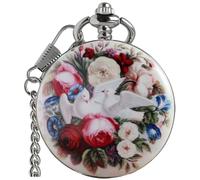 VIGOROSO Orologio da taschino meccanico manuale vintage con motivo floreale e uccellino, per uomini e donne, elegante orologio da tasca a carica con scheletro con catena e confezione regalo, Blu,