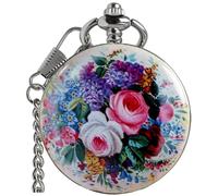 VIGOROSO Orologio da taschino meccanico manuale vintage con motivo floreale e uccellino, per uomini e donne, elegante orologio da tasca a carica con scheletro con catena e confezione regalo, Rosa,