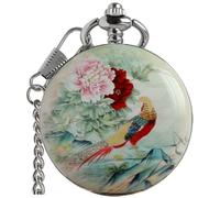 VIGOROSO Orologio da taschino meccanico manuale vintage con motivo floreale e uccellino, per uomini e donne, elegante orologio da tasca a carica con scheletro con catena e confezione regalo, Verde,