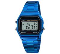 VIGOROSO Orologio digitale da uomo e donna, vintage, retrò, in acciaio inox, con sveglia e cronometro, Blu, Sportivo