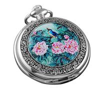 VIGOROSO Quartz Beautiful Peony Bird Enamel Painting Steampunk Silver Pendant Pocket Watch Gift Box