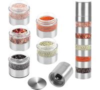 Viitech Set di mini barattoli per spezie con macinino manuale, macina spezie in acciaio inox 5 in 1, shaker per spezie in vetro, scatole di latta portatili per picnic, barbecue e viaggi