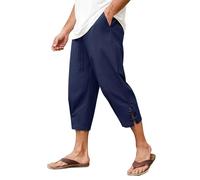Vijamiy 3/4 Pantaloni Lino Uomo Estivi Leggeri Elasticizzati Pantaloni Corti Uomo Pantaloni da Spiaggia Moda Casual Yoga (Blu,L)