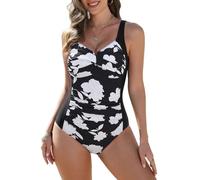 Vijamiy Costume Intero Contenitivo da Bagno Donna Curvy Costumi Interi Push Up Scollo A V Mare Beachwear Swimsuit for Women(Bianco e Nero,XL)