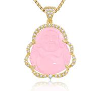 VIKCAUX - Collana con ciondolo a forma di Buddha che ride in giada, con catena placcata in oro 14 carati, con zirconia cubica, per donne e uomini