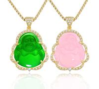 VIKCAUX - Collana con ciondolo a forma di Buddha che ride in giada, con catena placcata in oro 14 carati, con zirconia cubica, per donne e uomini