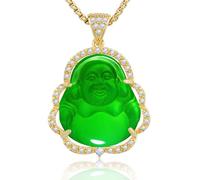 VIKCAUX - Collana con ciondolo a forma di Buddha che ride in giada, con catena placcata in oro 14 carati, con zirconia cubica, per donne e uomini