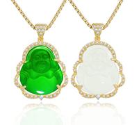 VIKCAUX - Collana con ciondolo a forma di Buddha che ride in giada, con catena placcata in oro 14 carati, con zirconia cubica, per donne e uomini