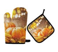 Vikeiac Happy Thanksgiving Day - Set di guanti da forno e presine con zucche e pannocchia di mais, guanti da cucina resistenti al calore, guanti da cucina per barbecue, cottura alla griglia