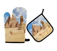 Vikeiac Set di 2 guanti da forno e presine con piramidi egiziane, resistenti al calore, antiscivolo, lavabili, per cucinare, cuocere al forno, barbecue