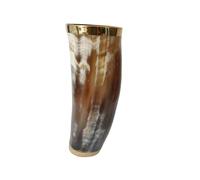 Viking By Heart Tazza in corno di bue, circa 12-15 cm, 300 ml, bordo in ottone e base in legno, tazza in corno originale realizzata a mano, bicchiere da birra per uomini e donne, tazza per bevande