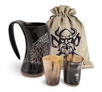 VIKING CRAFT Boccale vichingo, 600 ml, grande brocca di corno Fenrir e 2 bicchieri per il tuo vino vichingo miele, tazza corno, decorazione vichinga, medievale, LARP