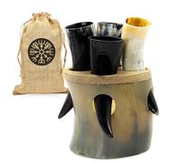 Viking - Set di 4 bicchieri da liquore in corno di bue, realizzati a mano, con supporto in legno e sacchetto regalo, bicchieri per idromele per birra, whisky, feste