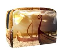 Viking Ships on the Water Trousse per cosmetici da donna, borsa da viaggio grande in PVC per trucchi, pratica borsa organizer con cerniera, Multi, 18.5x7.5x13cm/7.3x3x5.1in, Beauty case