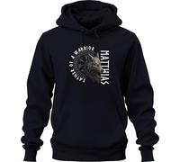 Viking Wolf Father of a Warrior Felpa con cappuccio nordica personalizzata Unisex, Navy, L