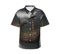 Vikings Boat - Camicia hawaiana estiva da uomo, con stampa con bottoni, stile casual, motivo floreale, per spiaggia, vacanze, nero, XX-Large