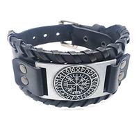 Vikings - Bracciale vegvisir vichinga, in pelle, colore: nero/argento, 18 bis 24 cm Umfang, Zinco