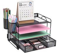 Vikmyer Organizer per File Desktop a 4 Vassoi, Organizer per Scrivania in Rete per Ufficio, Organizer per Documenti, Vassoio per Lettere con Cassetto per Ufficio a Casa(2 portapenne)