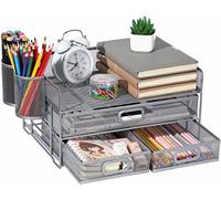 Vikmyer Organizzatore Desktop a 3 Vassoi con Cassetto, Restitrici Ufficio in Rete, Supporto Documenti Lettera Home (2 Portapenne)