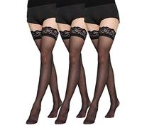 VIKSAUN 3 Paia Calze Autoreggenti da Donna Calze di Pizzo coscia alta Calze sopra il ginocchio in silicone, Opaco Hold Up Nylon con Silicone Invisibile, Nero Taglia unica (3 Paia)