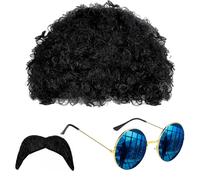 VIKSAUN 3 Pezzi Costumi da Hippie,Costume Anni 70 Uomo,Parrucca Afro Funky, Occhiali da Sole Baffi Costume da Hippie da Discoteca Anni '70 e '80, per Feste a Tema Rockstar Hippie Anni '50 e '60(3 PCS)