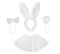VIKSAUN 4 Pezzi Costume da Coniglio Ragazze Orecchie Peluche di Coniglio Fascia Capelli, Gonna Tutu, Coda di Coniglio, Cravatta a Farfalla per Cosplay Costume Accessori Costumi Cosplay Pasqua (Bianco)