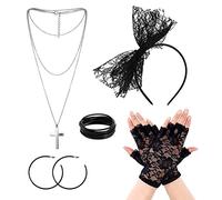VIKSAUN 5 pezzi Accessori Anni 80, Accessori Costume anni '80 Fascia in Pizzo Orecchini Bracciale Guanti Collana, per La Festa degli Anni '80, Ragazze Partito Costume Set Nero alla Moda