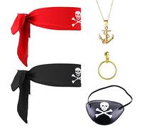 VIKSAUN 5 Pezzi Set di Accessori per Costume da Pirata e Capitano, Set di giochi di ruolo pirata, Bandana, Benda sull'Occhio da Pirata, Collana Piratan Vintage, Festa a Tema
