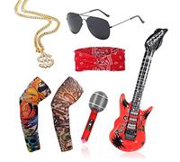 VIKSAUN 7 Pezzi Costume Rock Accessori, Accessori Costume Punk Anni '70 '80 '90 Kit, Accessori Punk Gotico, Vintage Rosso Cerchietto Tatuaggio Braccio Maniche Gonfiabile Chitarra Microfono (7 Pezzi)