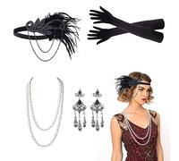 VIKSAUN Set 5 Pezzi Accessori Anni '20, Costume Flapper Gatsby Donna, Collana Fascia Guanti - 1920s
