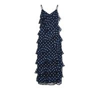VILA - Vestito lungo con spalline sottili e volant blu navy a pois con spacco sulla gamba 34