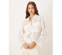Vila - Camicia multitasche color crema betulla all'uncinetto a fiori taglio corto in coordinato-Bianco 2XL