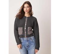 VILA - Cardigan pesante grigio a coste con abbottonatura e tasche a contrasto 2XL
