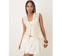 Vila - Gilet premium all'uncinetto con fondo a fiori color crema betulla-Bianco M