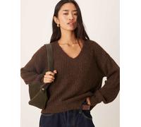 VILA - Maglione oversize in maglia soffice marrone cioccolato con scollo a V L