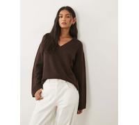 Vila - Maglione oversize lavorato a maglia marrone cioccolato con scollo a V L