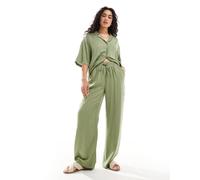 Vila - Pantaloni effetto lino a fondo ampio allacciati in vita verdi in coordinato-Verde 38